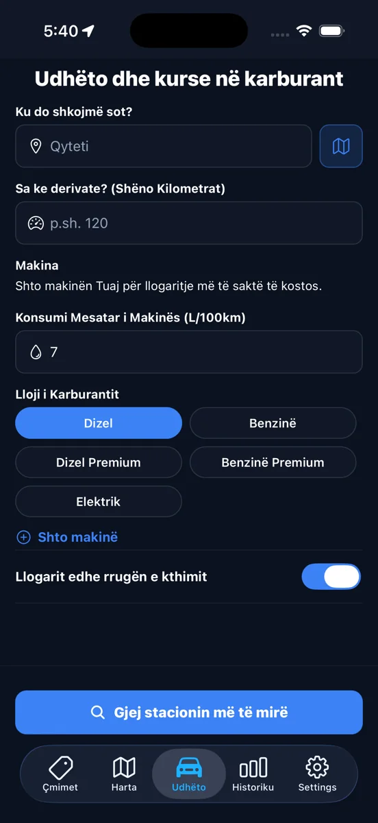 NaftaSot trip planner: destination, fuel left, the car's average consumption, fuel type, and a button to find the best station for the trip.